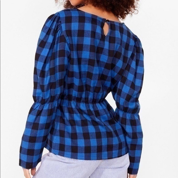 Nasty Gal Gingham Puff Sleeve Blouse Blue Sz 6 - Picture 4 of 10